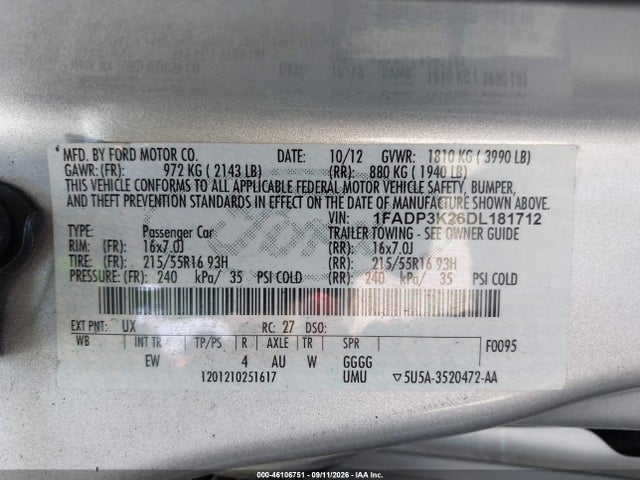 Продажа на аукционе авто 2013 Ford Focus Se, vin: 1FADP3K26DL181712, номер лота: 46106751