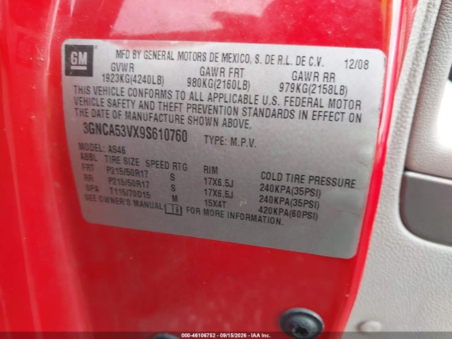 2009 Chevrolet Hhr Lt მანქანა იყიდება აუქციონზე, vin: 3GNCA53VX9S610760, აუქციონის ნომერი: 46106752