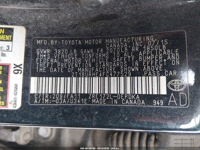 Продаж на аукціоні авто 2015 Toyota Corolla L, vin: 2T1BURHE4FC477529, номер лоту: 46106769