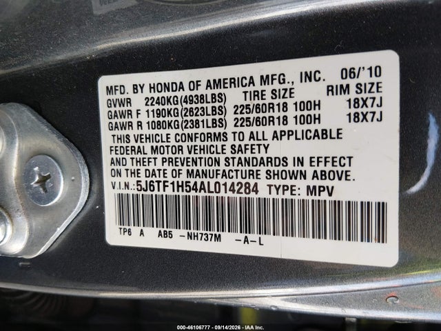 46106777 :رقم المزاد ، 5J6TF1H54AL014284 vin ، 2010 Honda Accord Crosstour Ex-l مزاد بيع