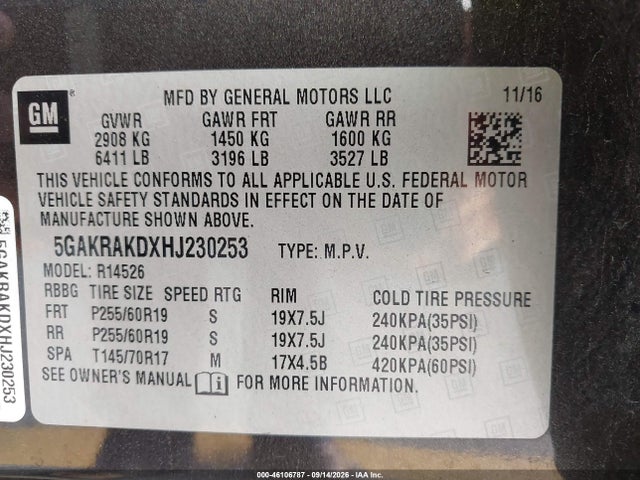 2017 Buick Enclave Convenience მანქანა იყიდება აუქციონზე, vin: 5GAKRAKDXHJ230253, აუქციონის ნომერი: 46106787