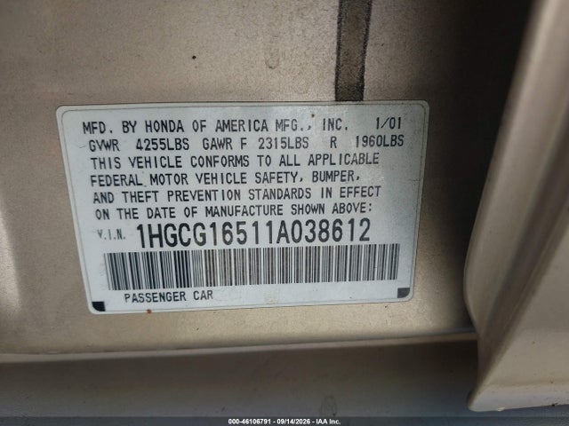 2001 Honda Accord 3.0 Ex მანქანა იყიდება აუქციონზე, vin: 1HGCG16511A038612, აუქციონის ნომერი: 46106791