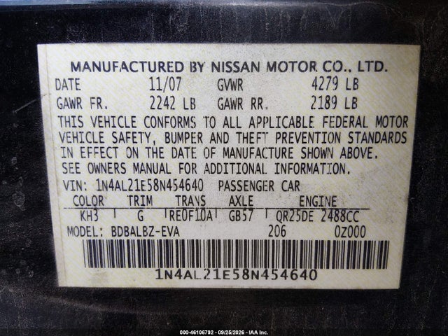 Aukcja sprzedaży 2008 Nissan Altima 2.5 S, vin: 1N4AL21E58N454640, numer aukcji: 46106792