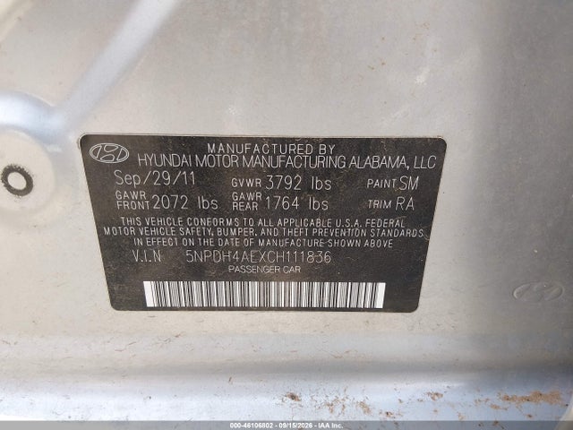 Продаж на аукціоні авто 2012 Hyundai Elantra Gls, vin: 5NPDH4AEXCH111836, номер лоту: 46106802
