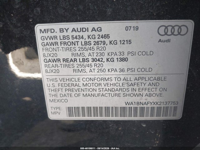 Продажа на аукционе авто 2019 Audi Q5 45 Premium, vin: WA1BNAFYXK2137753, номер лота: 46106811