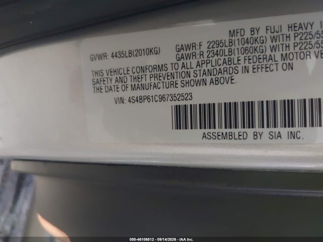 Aukcja sprzedaży 2006 Subaru Outback 2.5i, vin: 4S4BP61C967352523, numer aukcji: 46106812