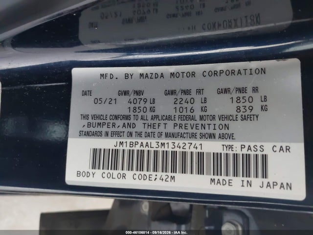 2021 Mazda Mazda3 2.5 S მანქანა იყიდება აუქციონზე, vin: JM1BPAAL3M1342741, აუქციონის ნომერი: 46106814