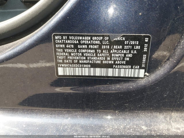 46106818 :رقم المزاد ، 1VWBH7A3XDC013620 vin ، 2013 Volkswagen Passat 2.5l Se مزاد بيع