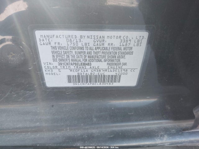 2014 Nissan Versa 1.6 Sv მანქანა იყიდება აუქციონზე, vin: 3N1CN7AP8EL830483, აუქციონის ნომერი: 46106825