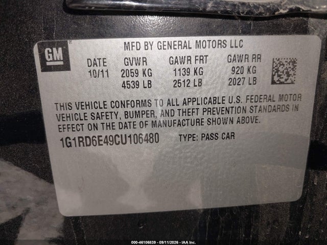 Aukcja sprzedaży 2012 Chevrolet Volt, vin: 1G1RD6E49CU106480, numer aukcji: 46106839