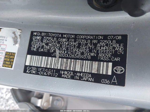 46106849 :رقم المزاد ، JTDKB20U283459378 vin ، 2008 Toyota Prius مزاد بيع