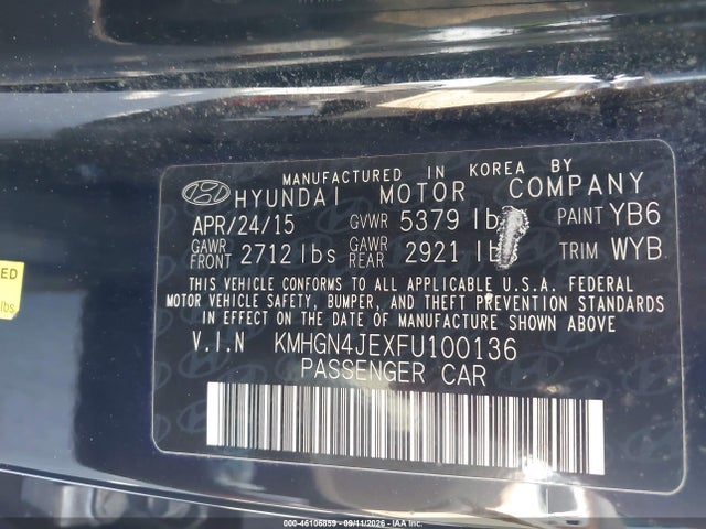 2015 Hyundai Genesis 3.8 მანქანა იყიდება აუქციონზე, vin: KMHGN4JEXFU100136, აუქციონის ნომერი: 46106859
