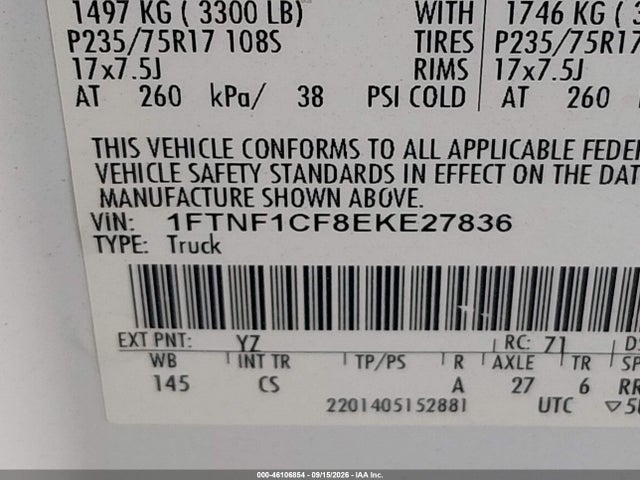 2014 Ford F-150 Xl მანქანა იყიდება აუქციონზე, vin: 1FTNF1CF8EKE27836, აუქციონის ნომერი: 46106854