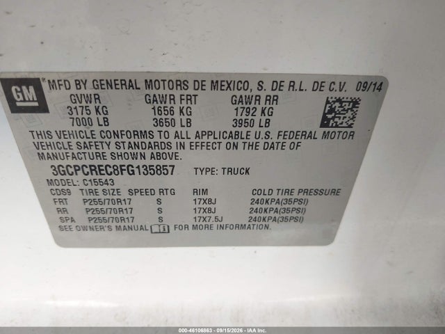 Продажа на аукционе авто 2015 Chevrolet Silverado 1500 Lt, vin: 3GCPCREC8FG135857, номер лота: 46106863