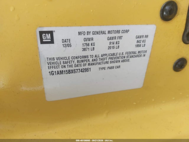 46106860 :رقم المزاد ، 1G1AM15BX67742861 vin ، 2006 Chevrolet Cobalt Ss مزاد بيع