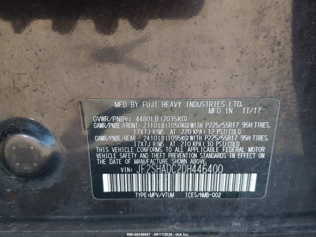 2013 Subaru Forester 2.5x Premium მანქანა იყიდება აუქციონზე, vin: JF2SHADC2DH446400, აუქციონის ნომერი: 46106867