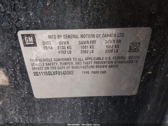 Chevrolet IMPALA 1LT 2015 2G1115SLXF9142062 Image 9