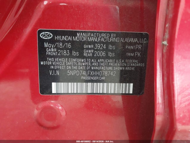 5NPD74LFXHH078742 Hyundai ELANTRA SE