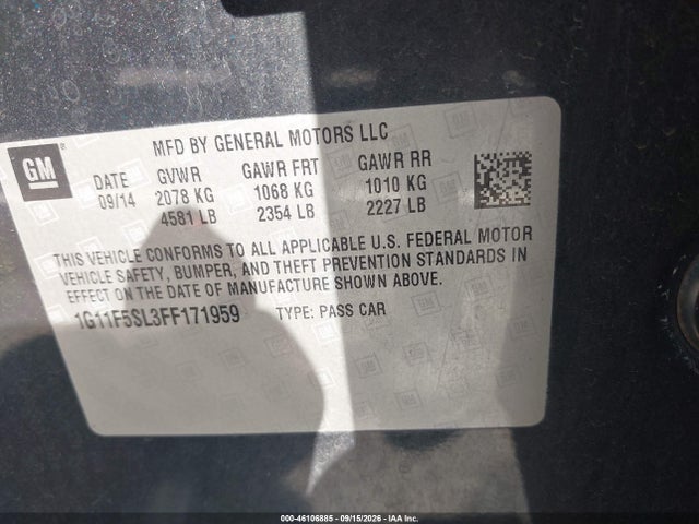 Продаж на аукціоні авто 2015 Chevrolet Malibu 1lz, vin: 1G11F5SL3FF171959, номер лоту: 46106885