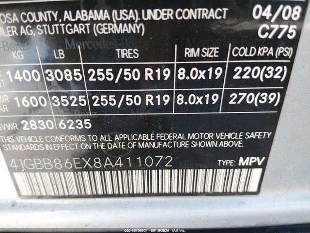 46106901 :رقم المزاد ، 4JGBB86EX8A411072 vin ، 2008 Mercedes-benz Ml 350 4matic مزاد بيع