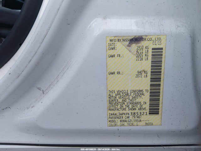 46106929 :رقم المزاد ، 1N4AL3APXFN385321 vin ، 2015 Nissan Altima 2.5/2.5 S/2.5 Sl/2.5 Sv مزاد بيع