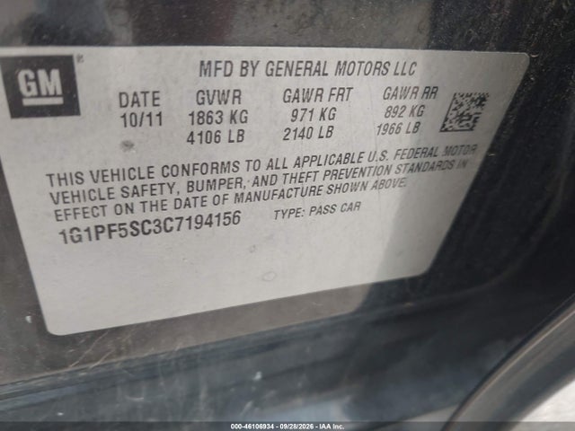 46106934 :رقم المزاد ، 1G1PF5SC3C7194156 vin ، 2012 Chevrolet Cruze 1lt مزاد بيع