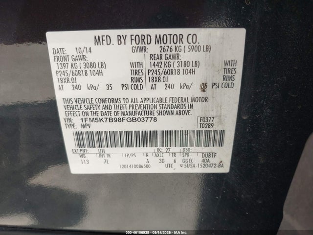 46106938 :رقم المزاد ، 1FM5K7B98FGB03778 vin ، 2015 Ford Explorer مزاد بيع