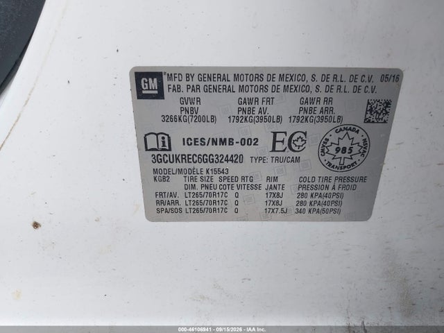 Aukcja sprzedaży 2016 Chevrolet Silverado 1500 Lt, vin: 3GCUKREC6GG324420, numer aukcji: 46106941