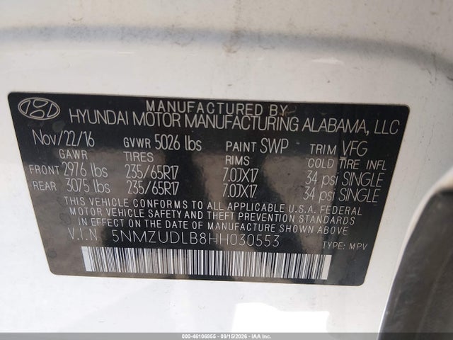 Aukcja sprzedaży 2017 Hyundai Santa Fe Sport 2.4l, vin: 5NMZUDLB8HH030553, numer aukcji: 46106955