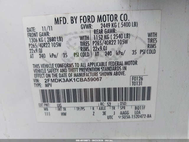 2012 Ford Edge Sport მანქანა იყიდება აუქციონზე, vin: 2FMDK3AK1CBA59067, აუქციონის ნომერი: 46106973