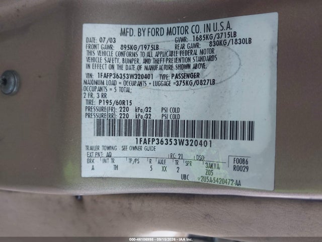 Aukcja sprzedaży 2003 Ford Focus Se/ztw, vin: 1FAFP36353W320401, numer aukcji: 46106998