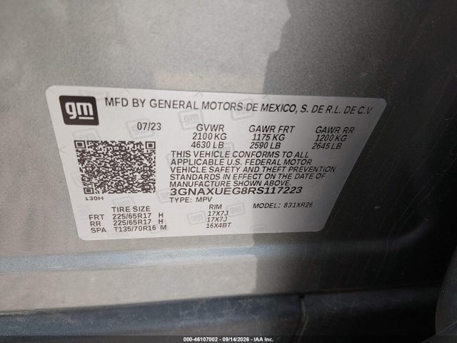 Продажа на аукционе авто 2024 Chevrolet Equinox Awd Lt, vin: 3GNAXUEG8RS117223, номер лота: 46107002