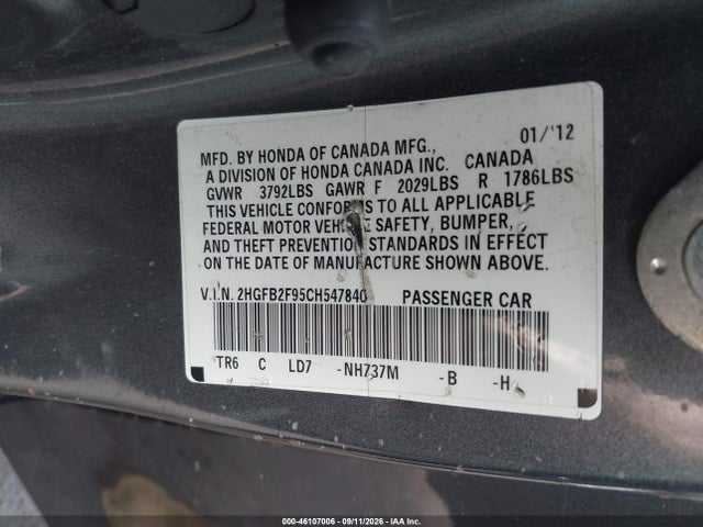 Aukcja sprzedaży 2012 Honda Civic Ex-l, vin: 2HGFB2F95CH547840, numer aukcji: 46107006
