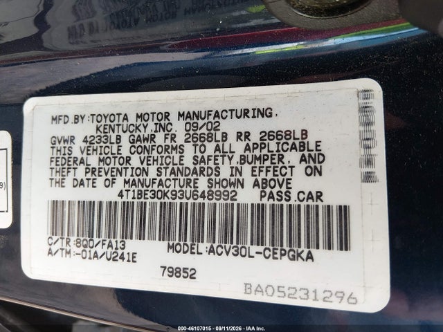 Aukcja sprzedaży 2003 Toyota Camry Xle, vin: 4T1BE30K93U648992, numer aukcji: 46107015