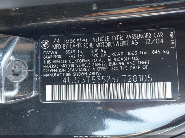2005 Bmw Z4 3.0i მანქანა იყიდება აუქციონზე, vin: 4USBT53525LT28105, აუქციონის ნომერი: 46107047