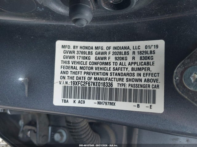 2019 Honda Civic Lx მანქანა იყიდება აუქციონზე, vin: 19XFC2F67KE018336, აუქციონის ნომერი: 46107049