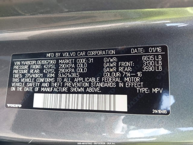 Auction sale of the 2016 Volvo Xc90 Hybrid T8 Inscription, vin: YV4BC0PL0G1067960, lot number: 46107052