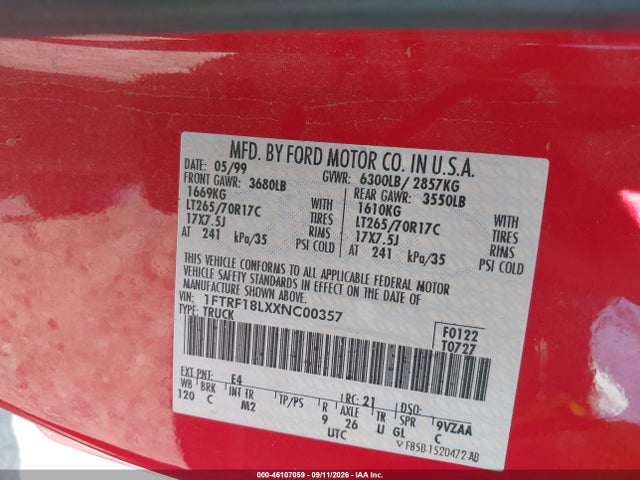 Aukcja sprzedaży 1999 Ford F-150 Lariat/work Series/xl/xlt, vin: 1FTRF18LXXNC00357, numer aukcji: 46107059