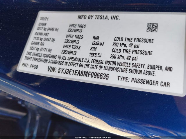 46107071 :رقم المزاد ، 5YJ3E1EA8MF096635 vin ، 2021 Tesla Model 3 Standard Range Plus Rear-wheel Drive مزاد بيع
