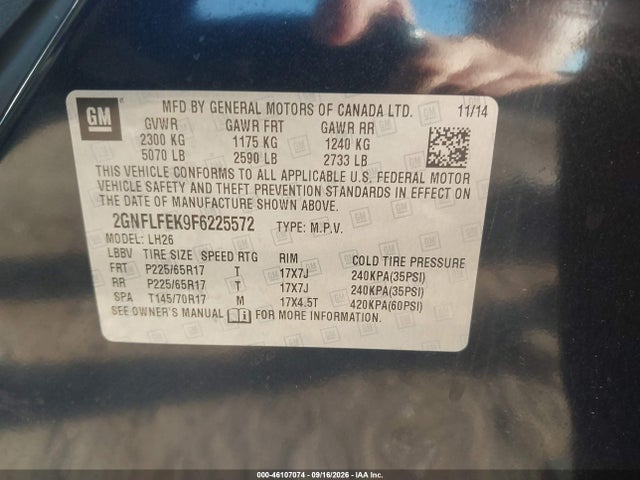 Продажа на аукционе авто 2015 Chevrolet Equinox 1lt, vin: 2GNFLFEK9F6225572, номер лота: 46107074