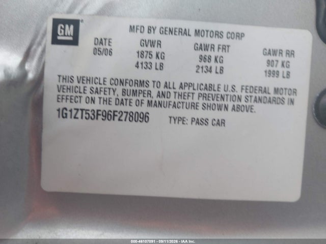 Продажа на аукционе авто 2006 Chevrolet Malibu Lt, vin: 1G1ZT53F96F278096, номер лота: 46107091