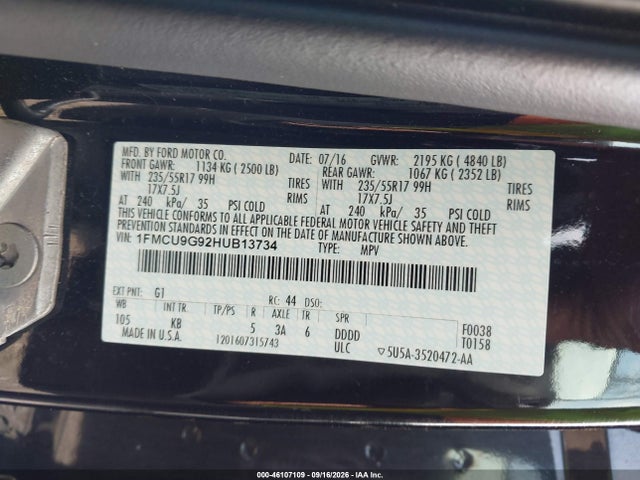 46107109 :رقم المزاد ، 1FMCU9G92HUB13734 vin ، 2017 Ford Escape Se مزاد بيع