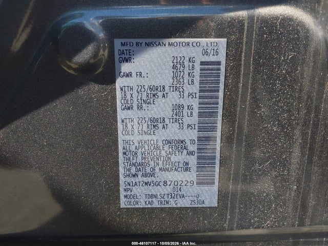 46107117 :رقم المزاد ، 5N1AT2MV5GC870229 vin ، 2016 Nissan Rogue Sl مزاد بيع