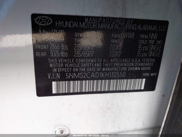 2019 Hyundai Santa Fe Se მანქანა იყიდება აუქციონზე, vin: 5NMS2CAD1KH132550, აუქციონის ნომერი: 46107118