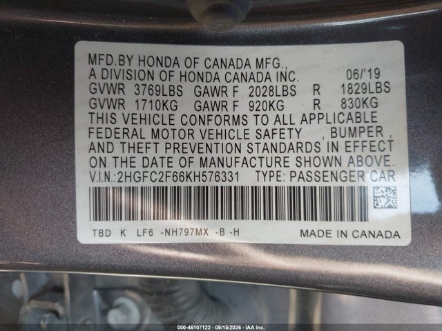 Продаж на аукціоні авто 2019 Honda Civic Lx, vin: 2HGFC2F66KH576331, номер лоту: 46107122