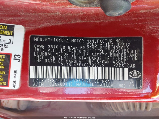 Продажа на аукционе авто 2012 Toyota Corolla Le, vin: 2T1BU4EE4CC799722, номер лота: 46107139
