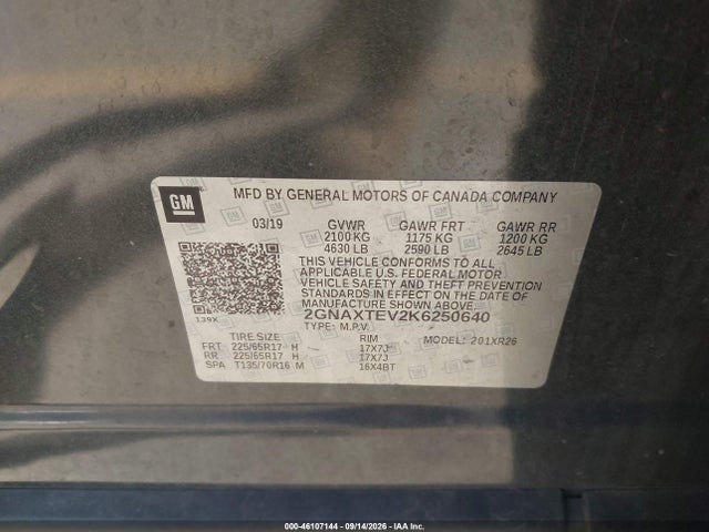 46107144 :رقم المزاد ، 2GNAXTEV2K6250640 vin ، 2019 Chevrolet Equinox Lt مزاد بيع