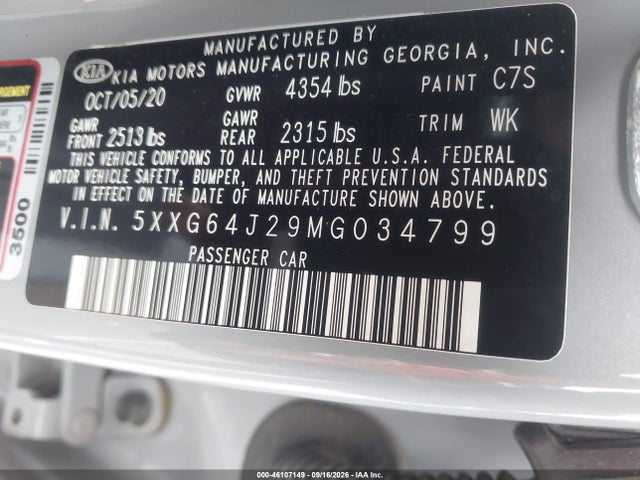Продажа на аукционе авто 2021 Kia K5 Gt-line, vin: 5XXG64J29MG034799, номер лота: 46107149