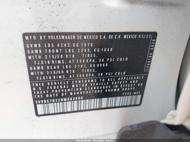 46107155 :رقم المزاد ، 3VVRX7B22NM063990 vin ، 2022 Volkswagen Taos 1.5t Se مزاد بيع