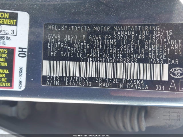 Aukcja sprzedaży 2016 Toyota Corolla S Plus, vin: 2T1BURHE0GC492823, numer aukcji: 46107157